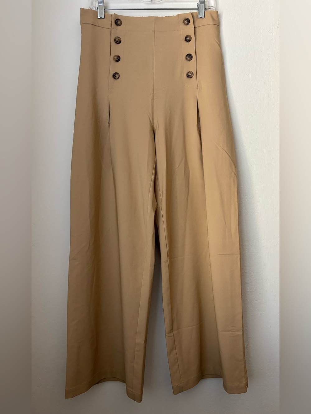 Belle Poque High Waisted Sailor Pants Size Large NEW Tan Wide Leg Elastic Waist